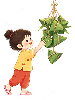 卡通风端午节小女孩挂粽子素材