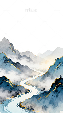 水墨风山水画卷手绘风景设计素材