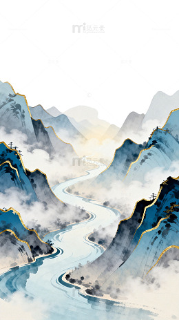 国风水墨山水河流插画设计素材