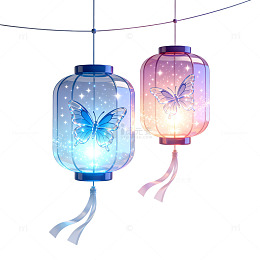 梦幻风发光灯笼蝴蝶插画设计素材