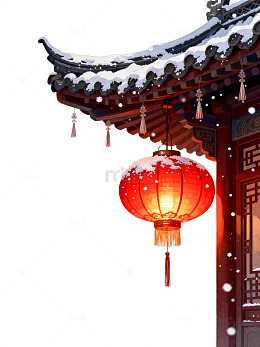 雪景风传统建筑红灯笼设计素材