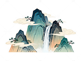 国风水墨山水瀑布插画设计素材