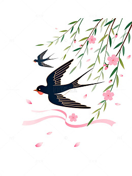 插画风春日燕子柳枝花卉设计素材