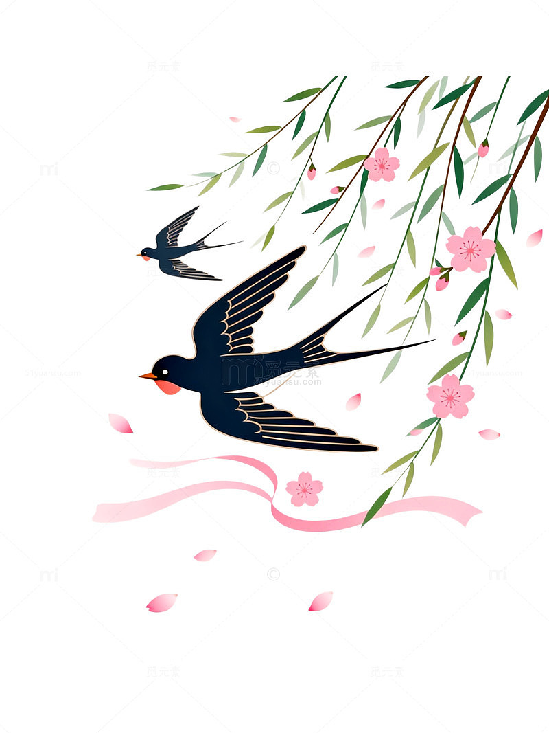 插画风春日燕子柳枝花卉设计素材