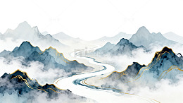 水墨风山水画云雾缭绕山川河流设计素材
