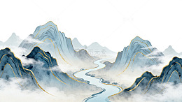 水墨风山水画卷手绘风景设计素材