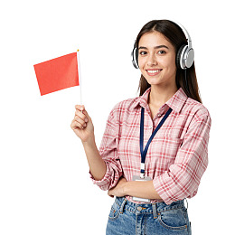 女子手持红旗佩戴耳机