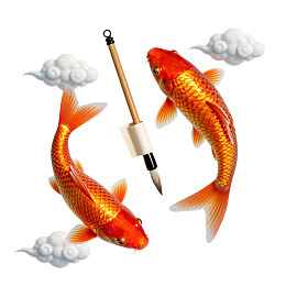 金鱼与毛笔云朵装饰画