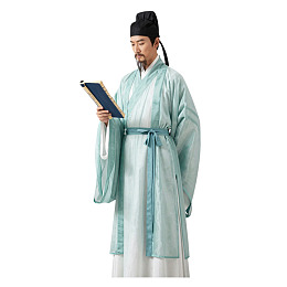 身着浅蓝古装男子手持书卷