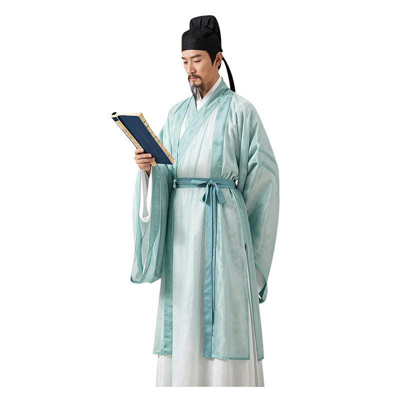 身着浅蓝古装男子手持书卷