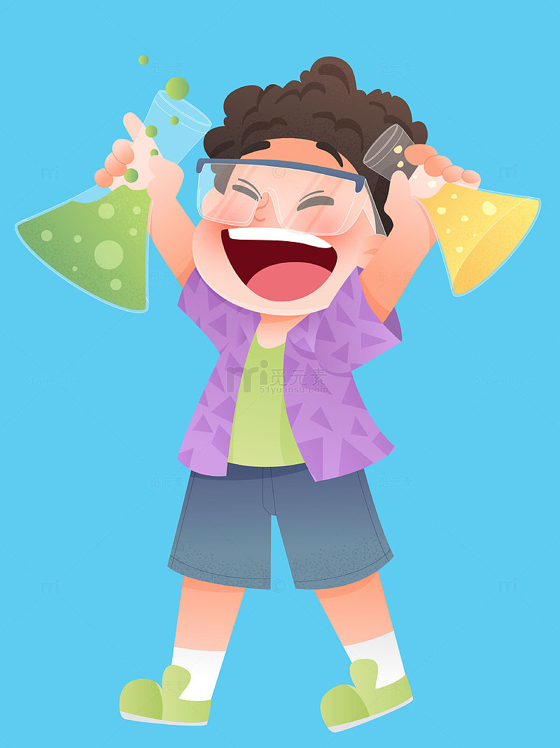 化学课男孩孩做科学实验儿童教育插画