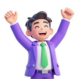 卡通男子穿紫色西装举手庆祝