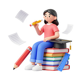 女孩坐书堆上学习图片