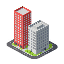 两栋高楼与道路的卡通建筑图