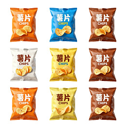 九种不同颜色薯片包装展示