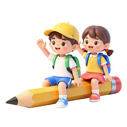 卡通儿童坐铅笔上挥手