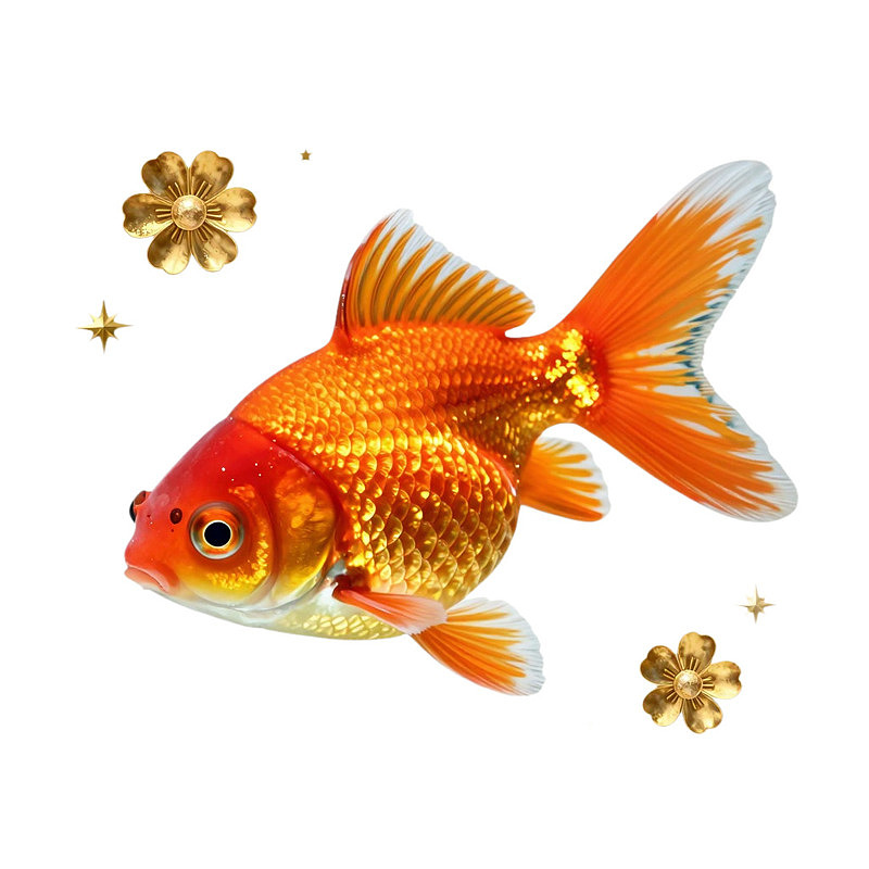 金黄色金鱼游动于装饰花朵间