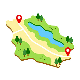 卡通风格地图展示湖泊与树木