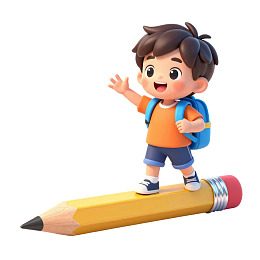 卡通男孩站在铅笔上挥手