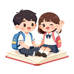 卡通儿童坐书上互动图片