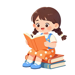 小女孩坐在书堆上阅读