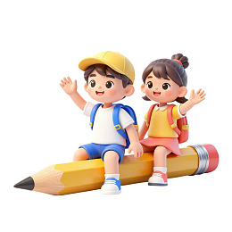 卡通儿童坐铅笔上挥手