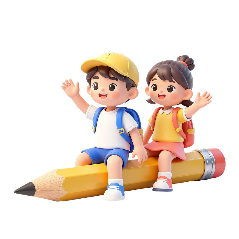 卡通儿童坐铅笔上挥手