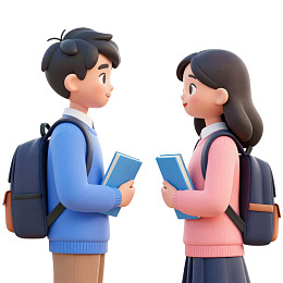 卡通学生男女交谈手持书本