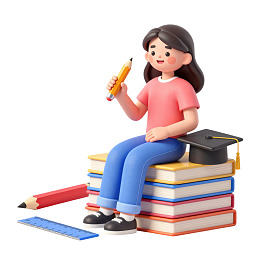 女孩坐书堆上手持铅笔