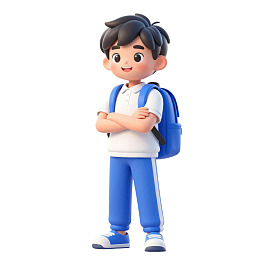 卡通男孩背着书包双臂交叉