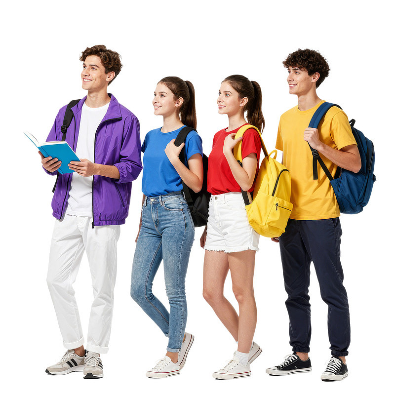 四名学生背着书包站立