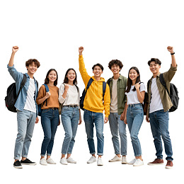 六名青年学生举手庆祝