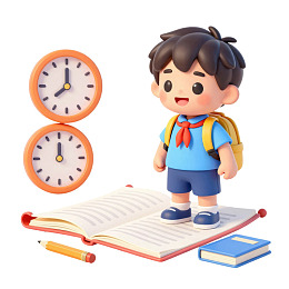 卡通男孩与书本时钟学习场景