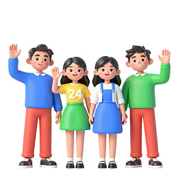 四个卡通人物挥手站立