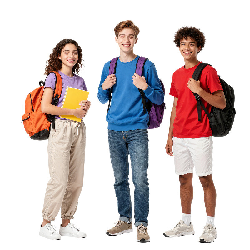 三名学生背着书包站立