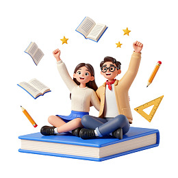 学生坐在书上举手欢呼