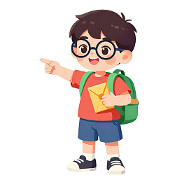 戴眼镜男孩手持信件指向前方