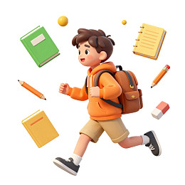 卡通男孩奔跑带书本文具