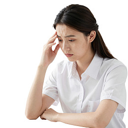 女子手扶额头显疲惫图片
