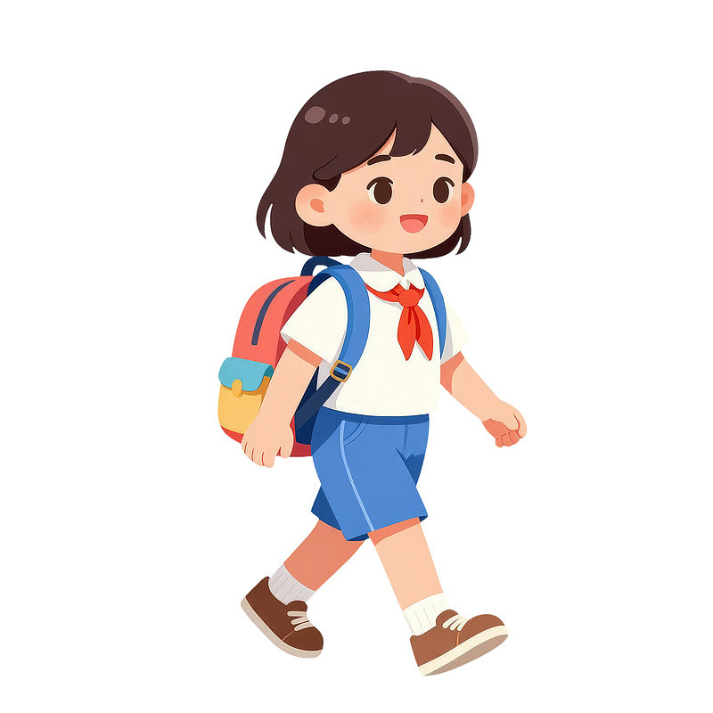 卡通女孩背着书包行走