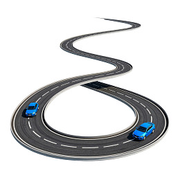 蓝色汽车行驶在蜿蜒公路上
