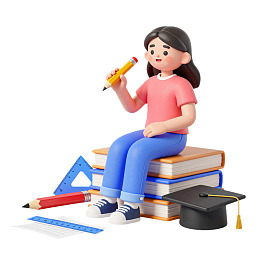 女孩坐书堆上手持铅笔