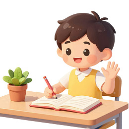 卡通男孩桌前学习挥手