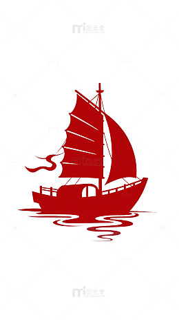 剪纸风红色帆船海洋图案设计素材