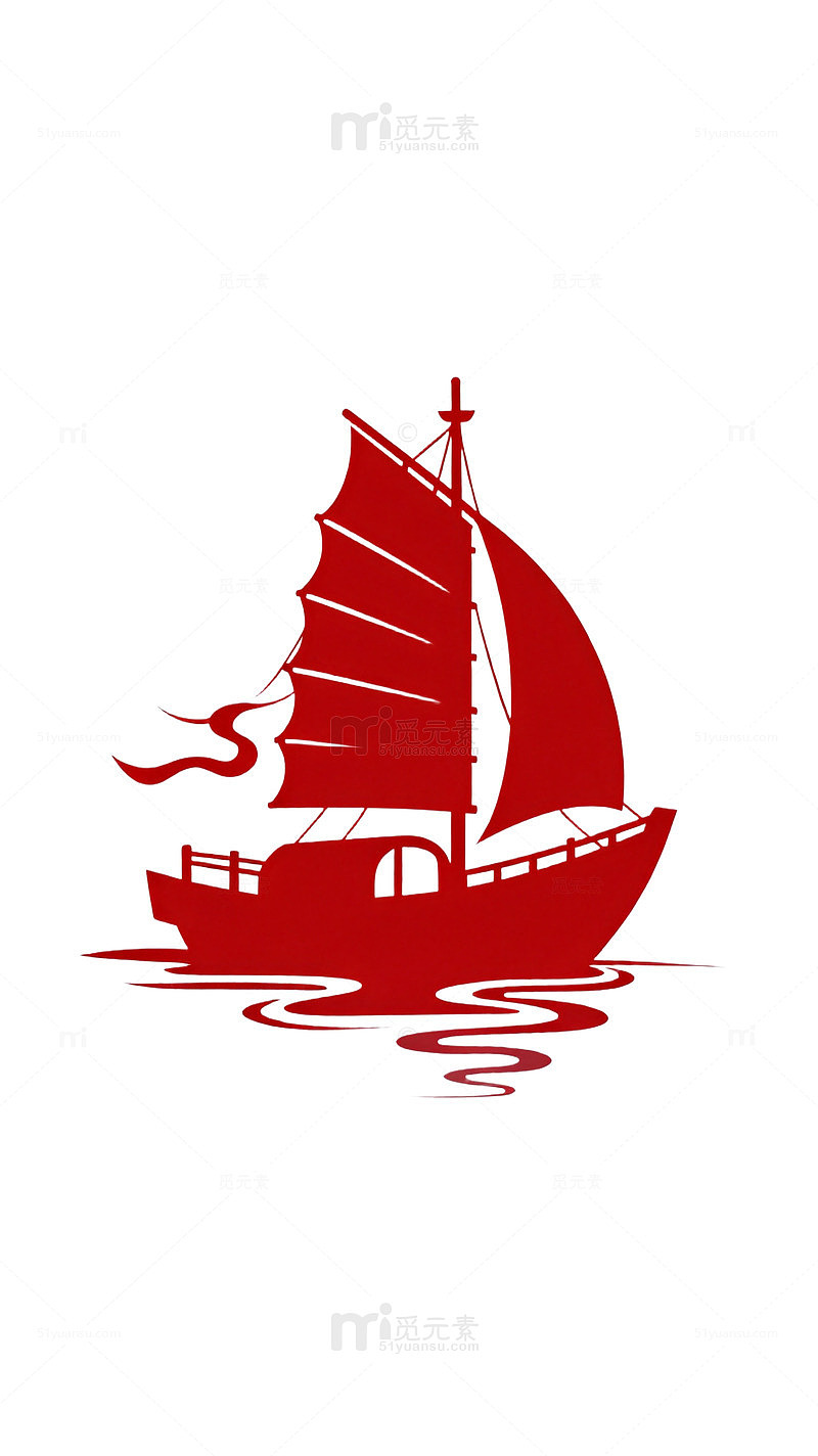 剪纸风红色帆船海洋图案设计素材