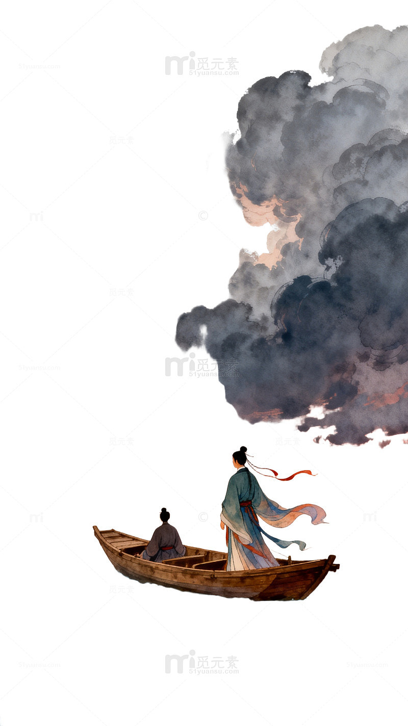 水墨风江上行舟人物插画设计素材