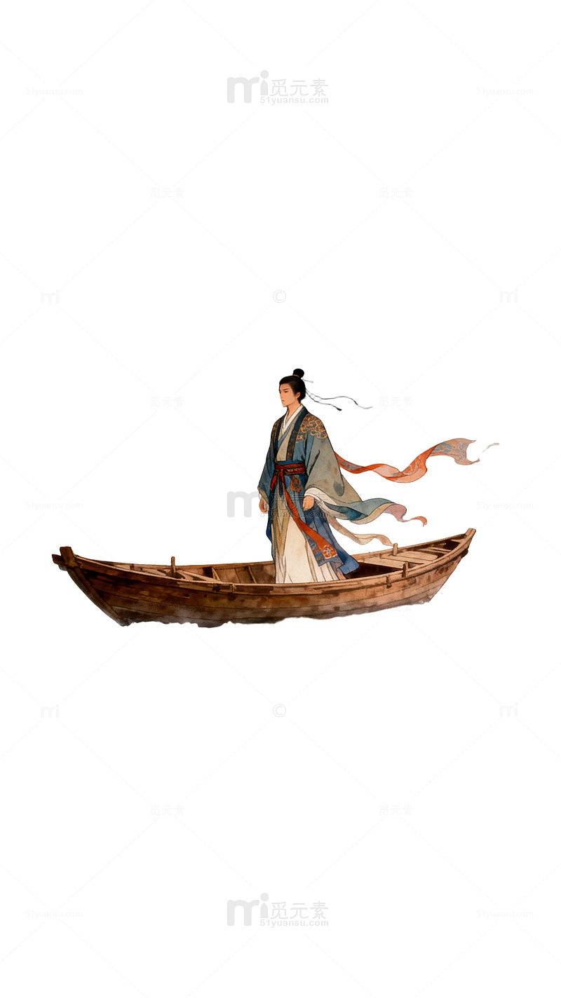 国风插画古装人物泛舟水墨意境设计素材