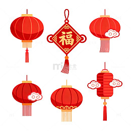 扁平风春节灯笼福字装饰设计素材