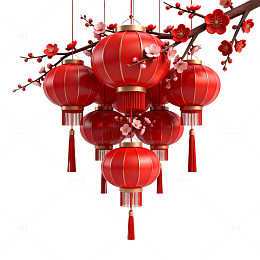 3D渲染春节红灯笼枝头梅花设计素材
