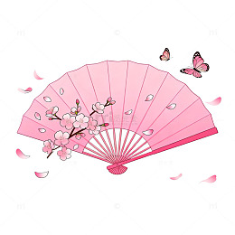 手绘风樱花折扇蝴蝶装饰设计素材